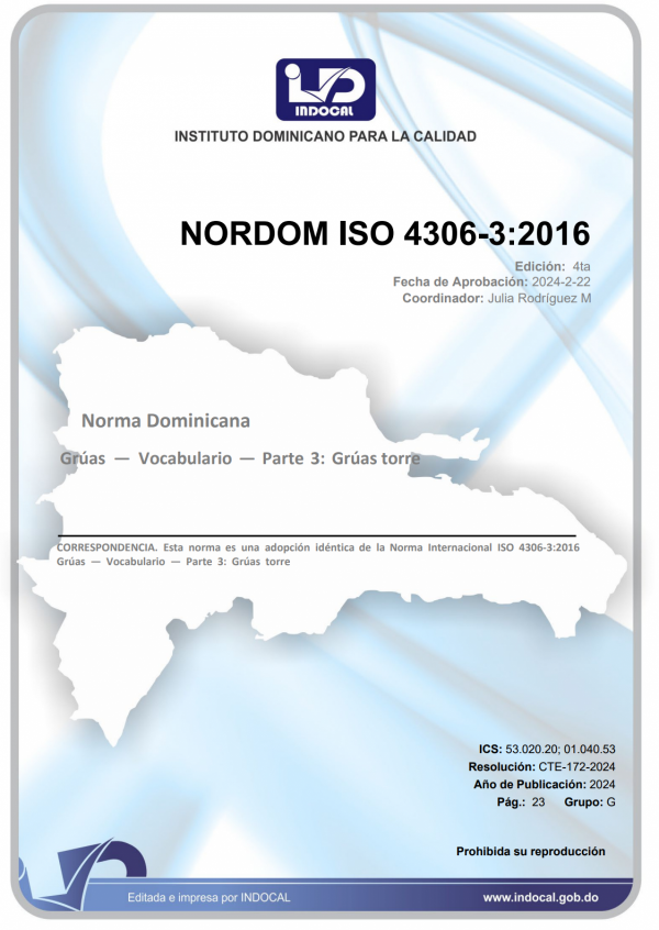NORDOM ISO 4306-3:2016 - GRÚAS - VOCABULARIO - PARTE 3: GRÚAS TORRE
