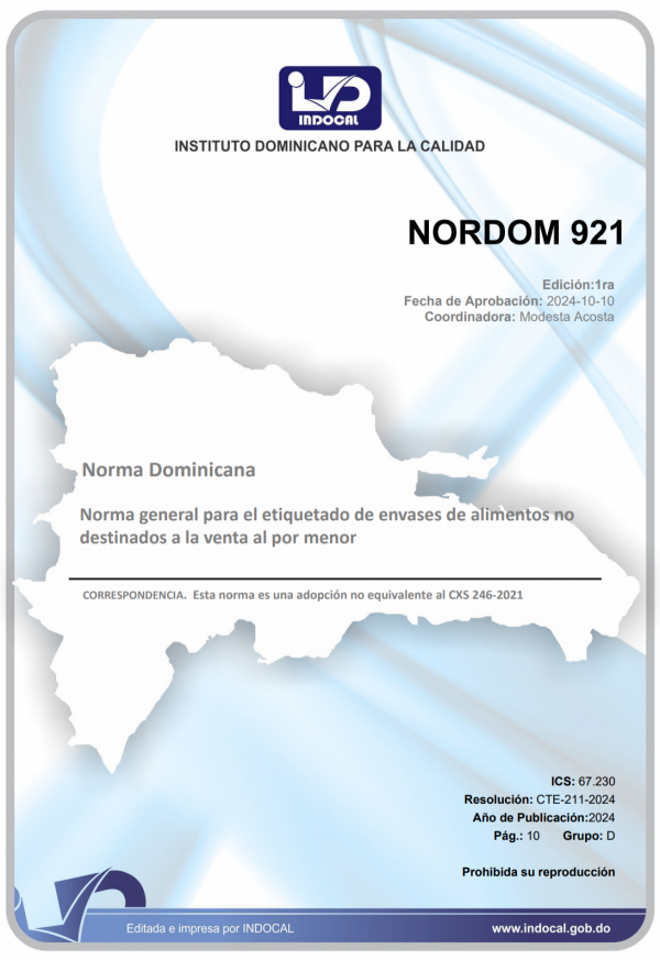 NORDOM 921 - NORMA GENERAL PARA EL ETIQUETADO DE ENVASES DE ALIMENTOS NO DESTINADOS A LA VENTA AL POR MENOR
