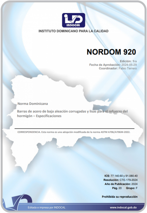 NORDOM 920 - BARRAS DE ACERO DE BAJA ALEACIÓN CORRUGADAS Y LISAS PARA EL REFUERZO DEL HORMIGÓN - ESPECIFICACIONES.