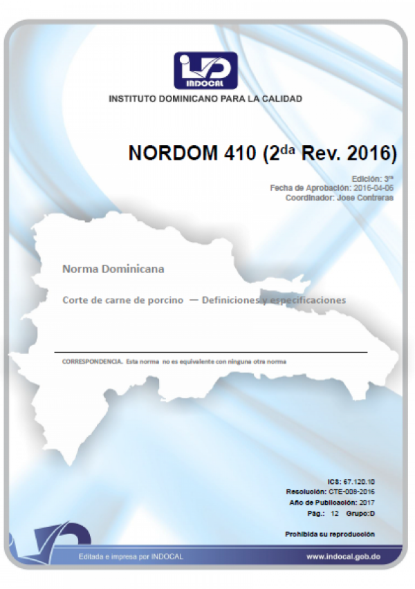 NORDOM 410	- CORTE DE CARNE DE PORCINO.  DEFINICIONES Y ESPECIFICACIONES. (2DA. REV. 2016)