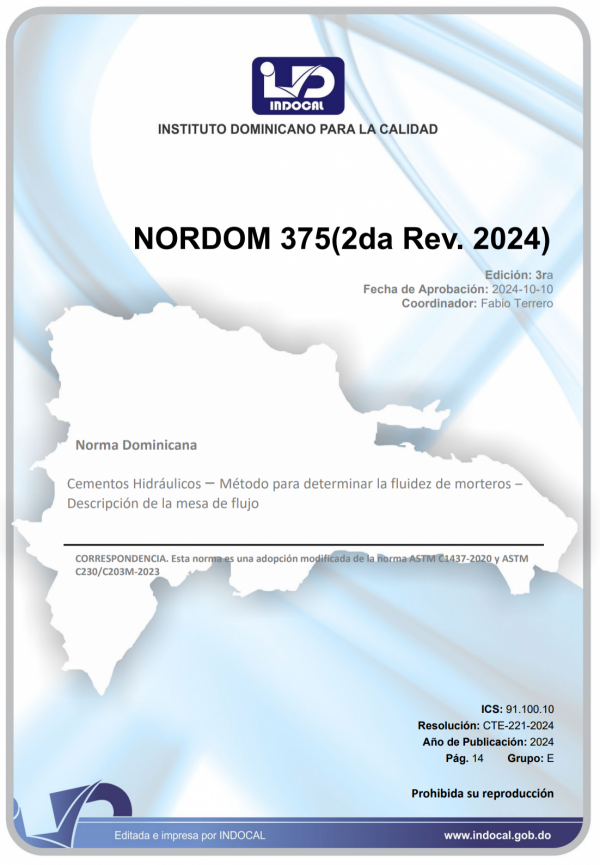 NORDOM 375 (2da Rev. 2024) - CEMENTOS HIDRÁULICOS - MÉTODO PARA DETERMINAR LA FLUIDEZ DE MORTEROS - DESCRIPCIÓN DE LA MESA DE FLUJO